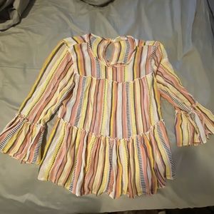 Francesca’s pink white yellow stripe peplum blouse
